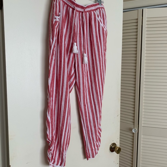 Candie's Pants - L Linen blend candy stripes pants tassels waist tie